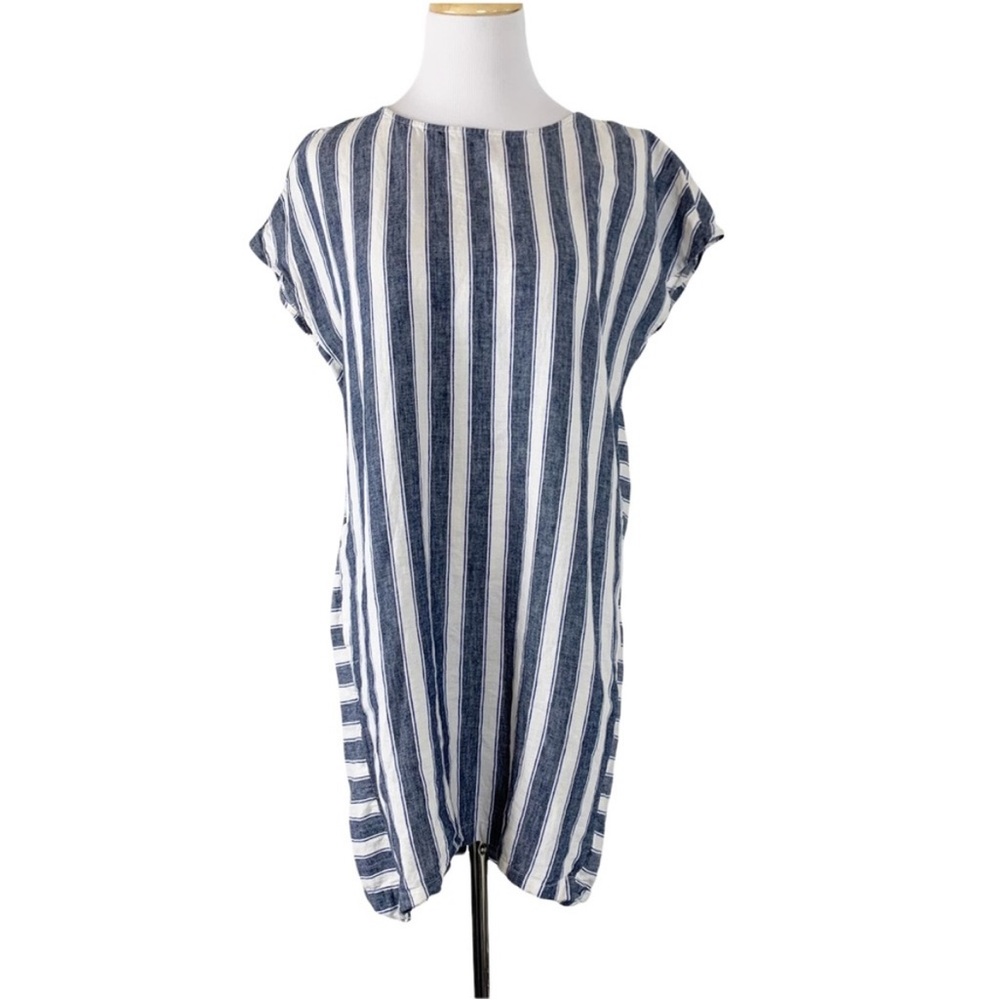 Madewell Stripe Play Dress Linen Blend Size M Button Back Short Sleeve Tee Shift